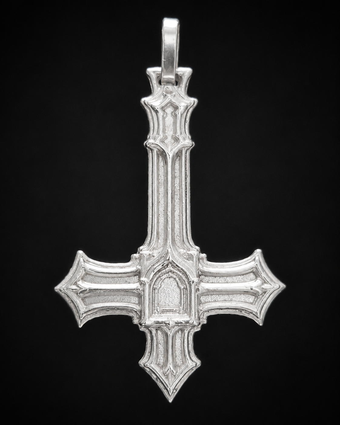 The Profane Cross inverted Gothic pendant in .999 fine silver, front view on a black background