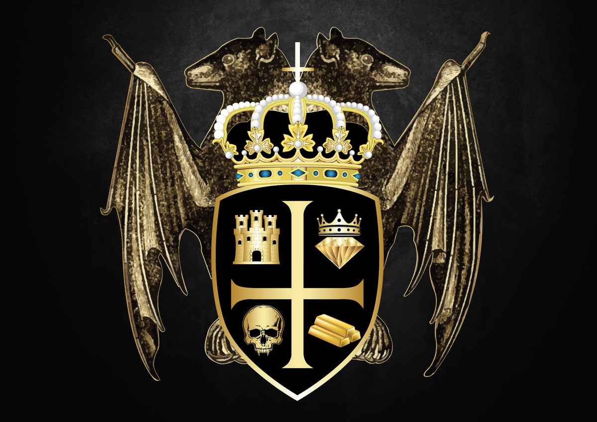 Kannibal Hektor coat of arms with crowned bat supporters, castle, crowned diamond, skull, bullion bars, and inverted cross