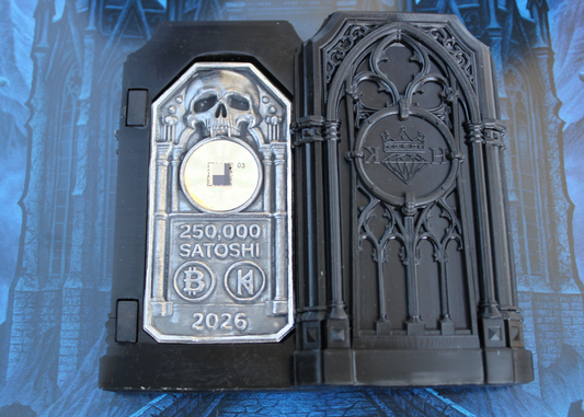 The Reliquary 2 oz .999 fine silver Bitcoin wallet displayed open in its Gothic Sepulcher Case