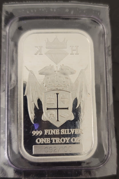 2020 Kannibal Coat of Arms Transitional Reverse Bar in 1 oz .999 fine silver, showing full crest design and serial number