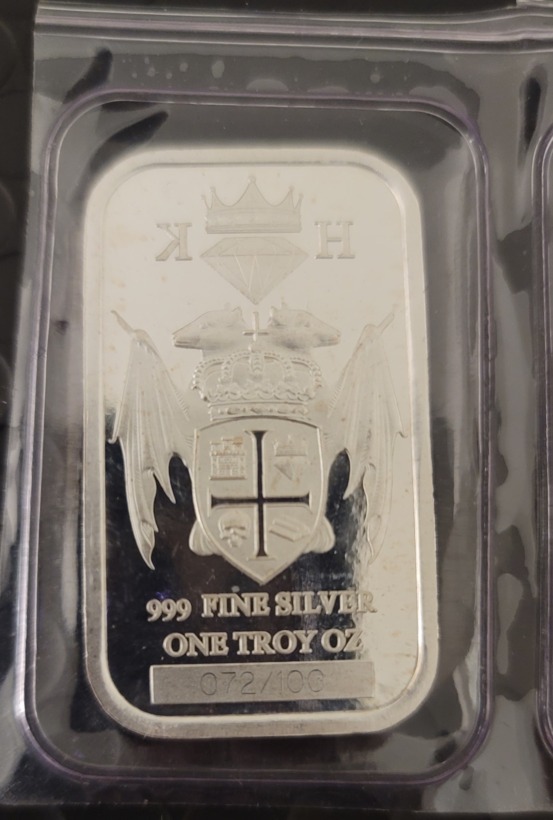 2020 Kannibal Coat of Arms Transitional Reverse Bar in 1 oz .999 fine silver, showing full crest design and serial number