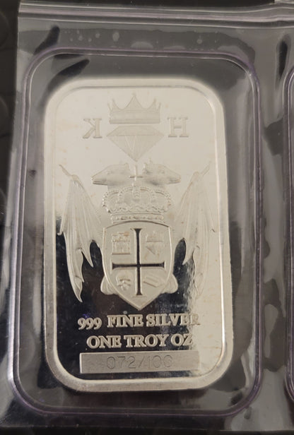 2020 Kannibal Coat of Arms Transitional Reverse Bar in 1 oz .999 fine silver, showing full crest design and serial number