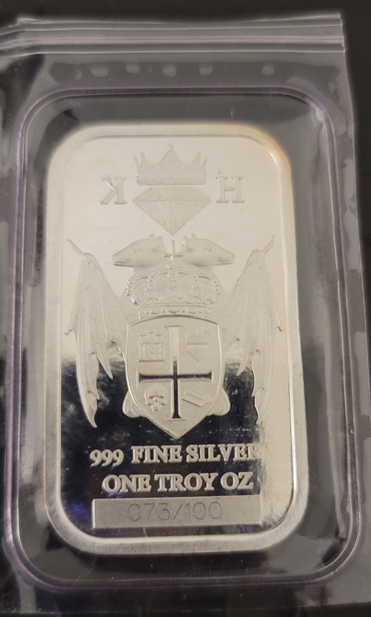 2020 Kannibal Coat of Arms Transitional Reverse Bar in 1 oz .999 fine silver, showing full crest design and serial number