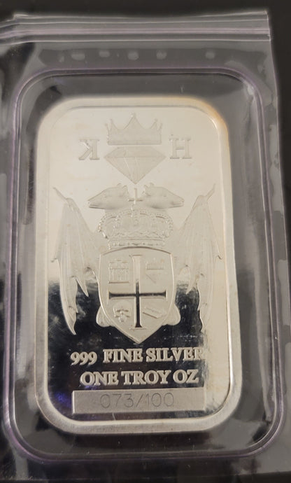 2020 Kannibal Coat of Arms Transitional Reverse Bar in 1 oz .999 fine silver, showing full crest design and serial number