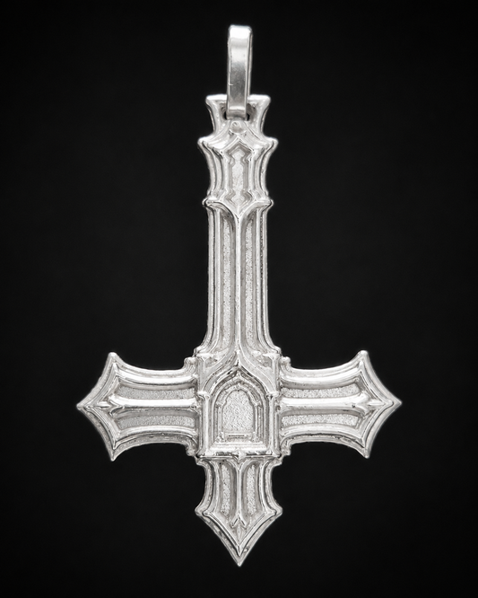 The Profane Cross inverted Gothic pendant in .999 fine silver, front view on a black background