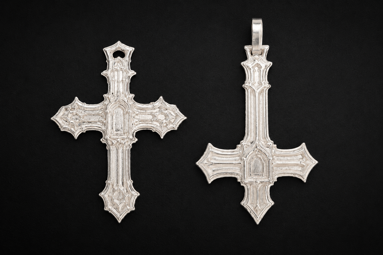 The Sepulchral Cross and The Profane Cross, hand-cast .999 fine silver Gothic pendants by Kannibal Hektor