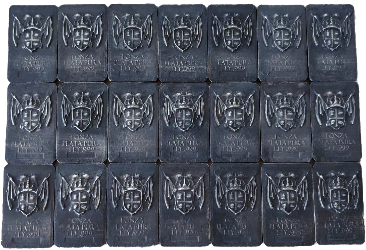 Twenty-one Coat of Arms Relic Bars in 1 oz .999 fine silver, arranged in rows with winged Kannibal Hektor heraldic crest