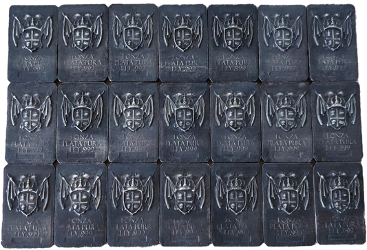 Twenty-one Coat of Arms Relic Bars in 1 oz .999 fine silver, arranged in rows with winged Kannibal Hektor heraldic crest
