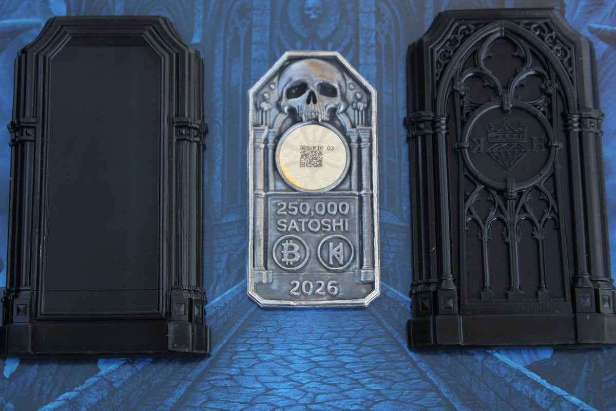 The Reliquary 2 oz .999 fine silver Bitcoin wallet displayed beside both halves of its Gothic Sepulcher Case
