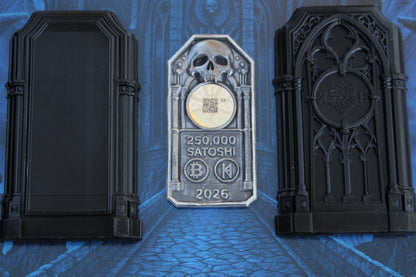 The Reliquary 2 oz .999 fine silver Bitcoin wallet displayed beside both halves of its Gothic Sepulcher Case