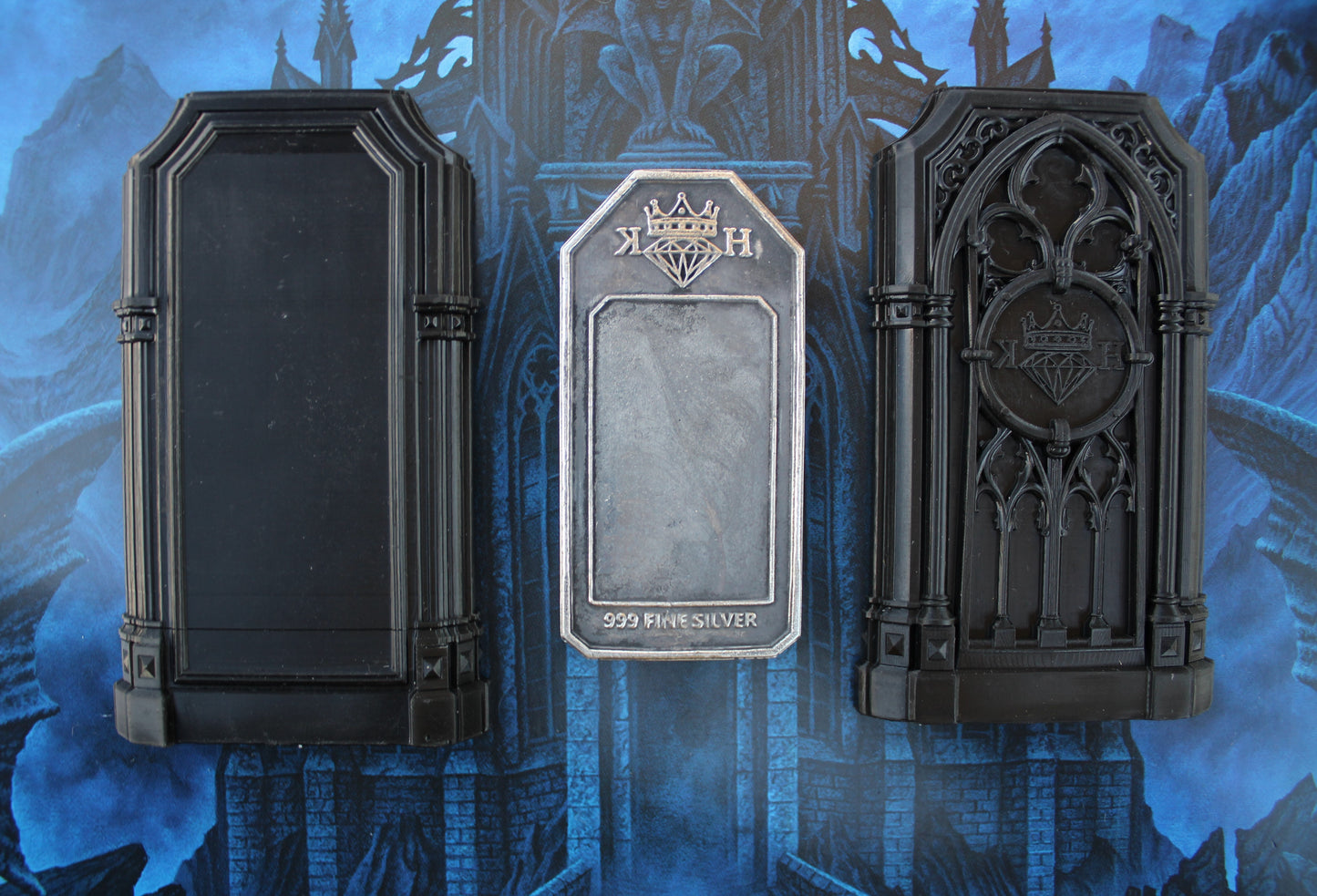 Reverse of The Reliquary 2 oz .999 fine silver Bitcoin wallet displayed with both halves of its Gothic Sepulcher Case