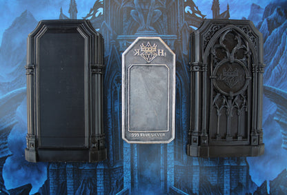 Reverse of The Reliquary 2 oz .999 fine silver Bitcoin wallet displayed with both halves of its Gothic Sepulcher Case