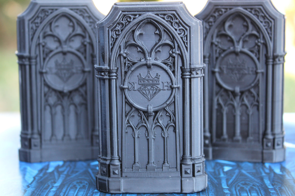 Three Gothic Sepulcher Cases for The Reliquary, featuring Cathedral-style tracery and the Kannibal Hektor crest
