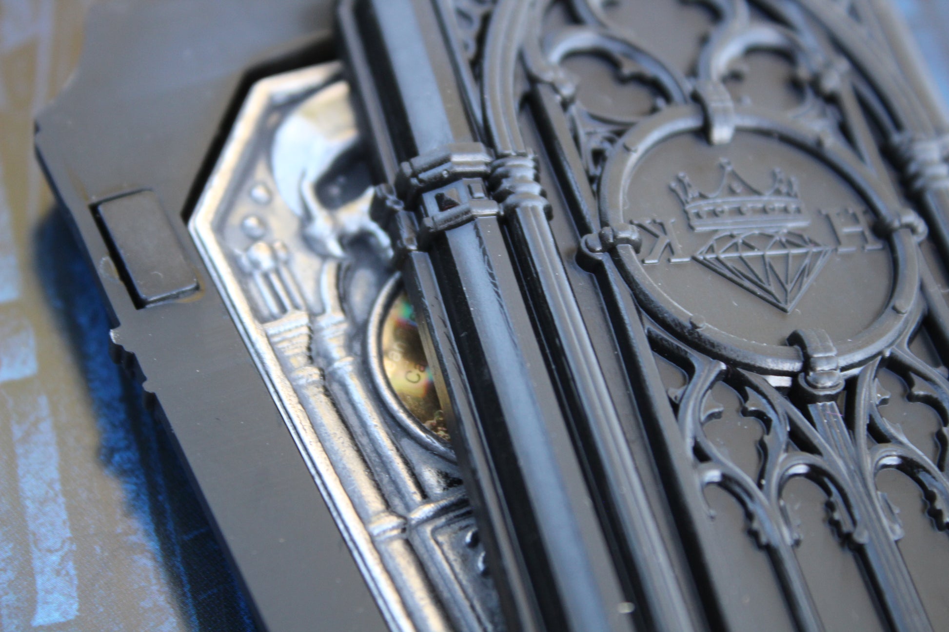 Close-up of The Reliquary 2 oz .999 fine silver physical Bitcoin wallet in its Gothic Sepulcher Case