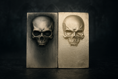 2025 Kannibal Skull Bars in antique and matte finishes, 1 oz .999 fine silver, shown side by side