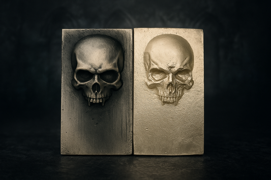 2025 Kannibal Skull Bars in antique and matte finishes, 1 oz .999 fine silver, shown side by side