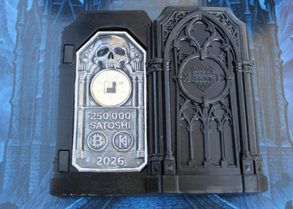 The Reliquary 2 oz .999 fine silver Bitcoin wallet displayed open in its Gothic Sepulcher Case