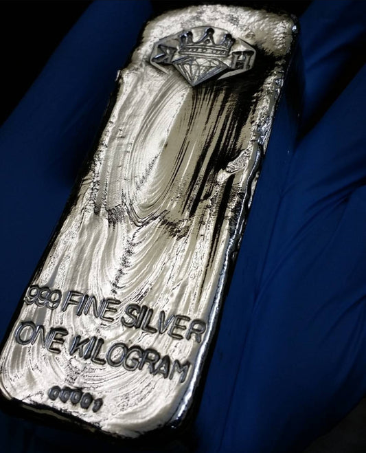 Kannibal Kilo, hand-cast one kilogram .999 fine silver bar with crowned diamond KH maker’s mark