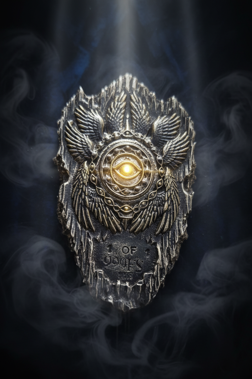 Stylized presentation of The Lesser Lights of Heaven, one-of-one 2 oz .999 fine silver Ophanim sculpture with illuminated central form