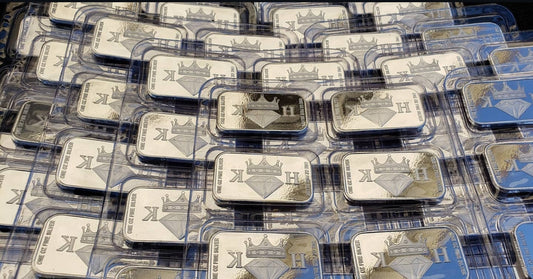 Group of 2020 Kannibal Coat of Arms Transitional Reverse Bars in 1 oz .999 fine silver, shown in protective capsules