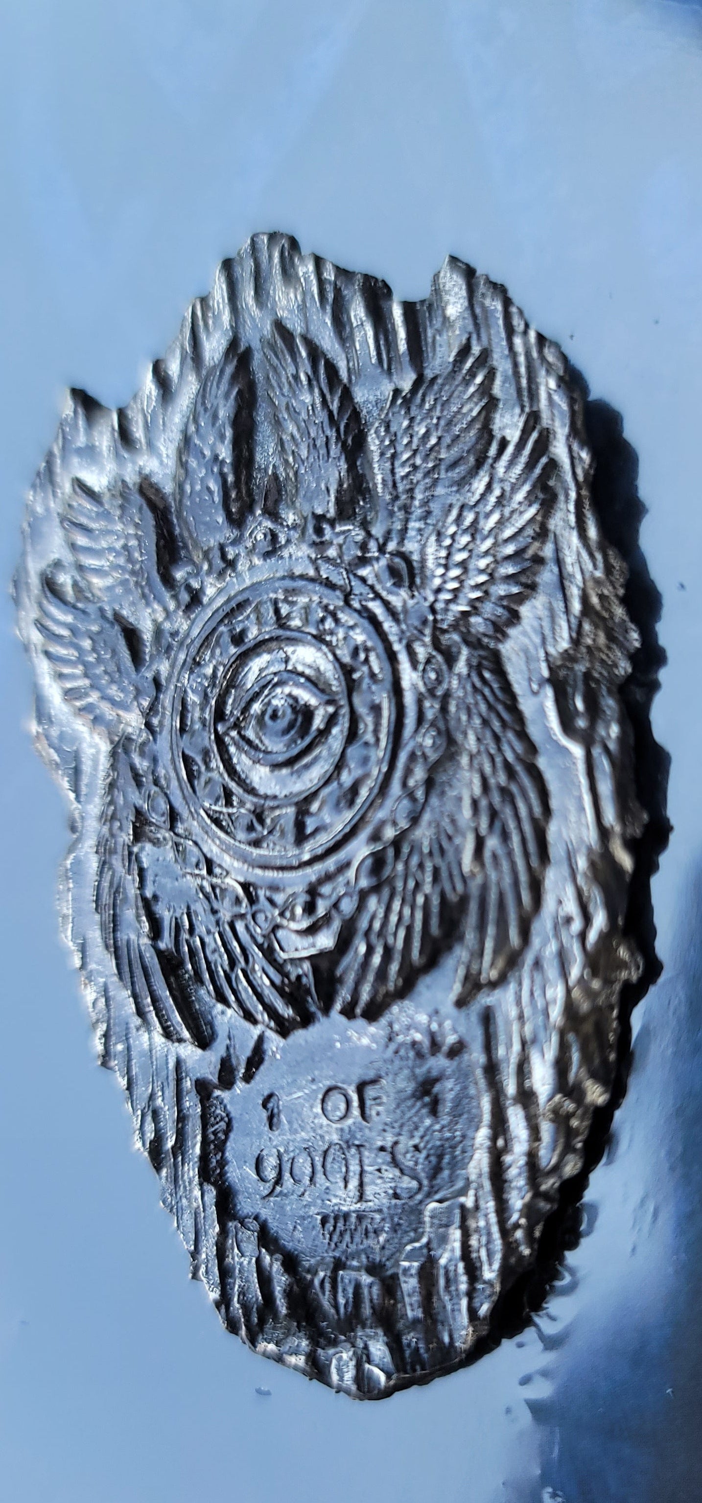 Angled view of The Lesser Lights of Heaven, one-of-one 2 oz .999 fine silver Ophanim sculpture