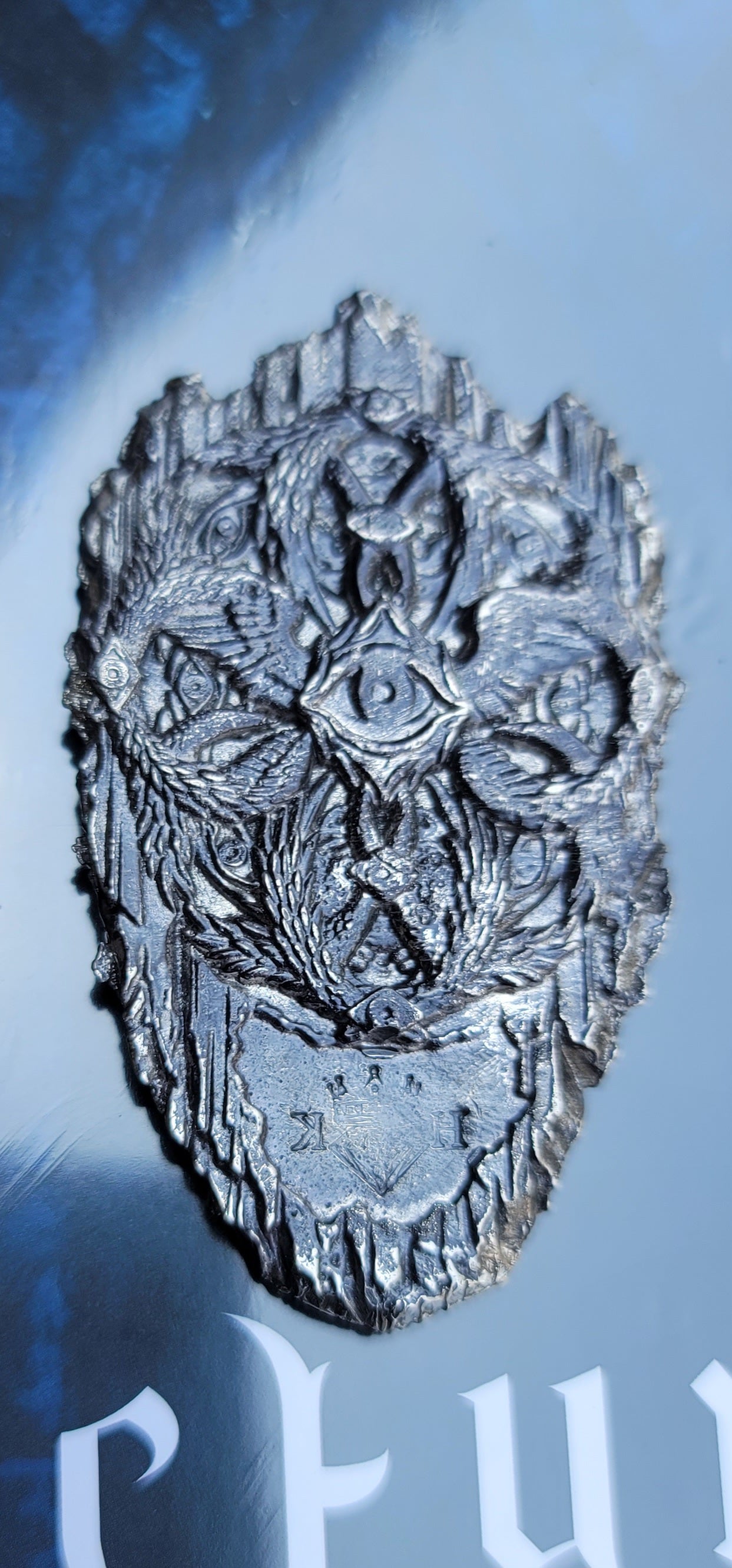 Reverse of The Lesser Lights of Heaven, one-of-one 2 oz .999 fine silver Ophanim sculpture with alternate Ophanim design and stamped KH maker’s mark
