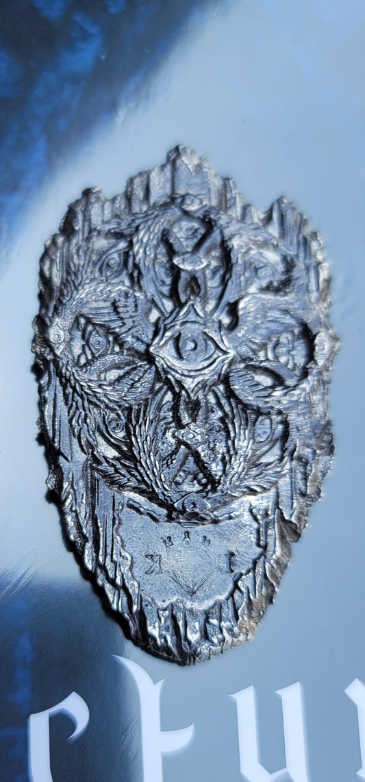 Reverse of The Lesser Lights of Heaven, one-of-one 2 oz .999 fine silver Ophanim sculpture with alternate Ophanim design and stamped KH maker’s mark