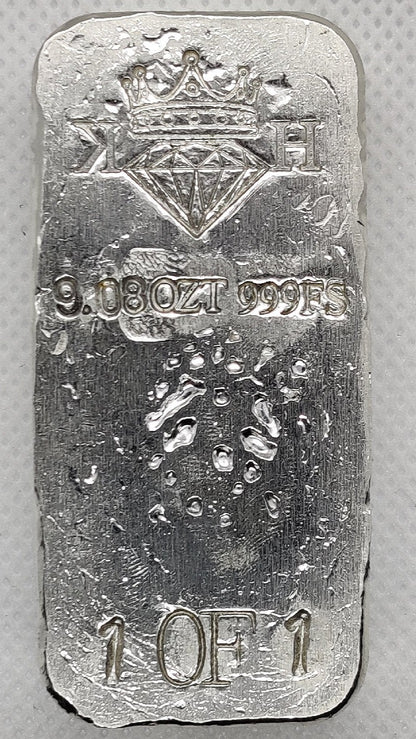 Reverse of Partial Coat of Arms Crest Bar showing crowned diamond KH maker’s mark, 9.08 oz .999 fine silver stamp, and 1 of 1 marking