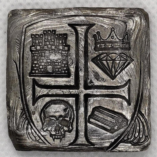 Kannibal Hektor Coat of Arms Crest in .999 fine silver, showing castle, crowned diamond, skull, bullion bars, and inverted cross