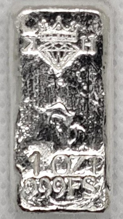 Single Kannibal Hektor Basic Bar, hand-poured 1 oz .999 fine silver with crowned diamond KH maker’s mark and purity stamps