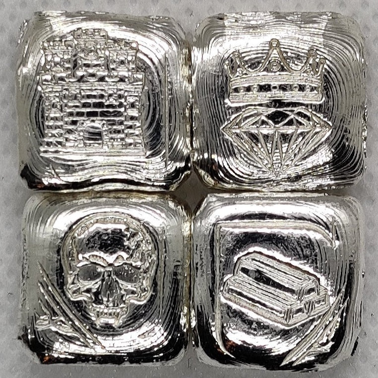Kannibal Crest Pieces Fractional Set V.1 in .999 fine silver, showing castle, crowned diamond, skull, and bullion bar designs