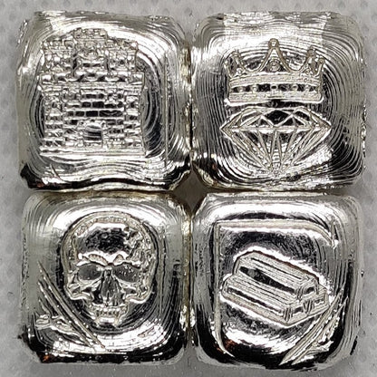 Kannibal Crest Pieces Fractional Set V.1 in .999 fine silver, showing castle, crowned diamond, skull, and bullion bar designs