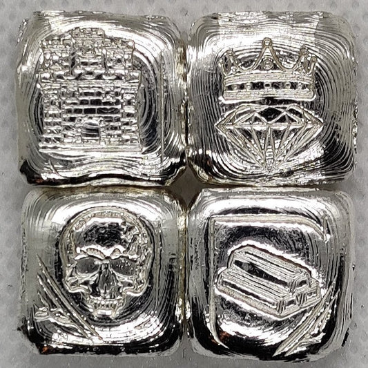 Kannibal Crest Pieces Fractional Set V.1 in .999 fine silver, showing castle, crowned diamond, skull, and bullion bar designs