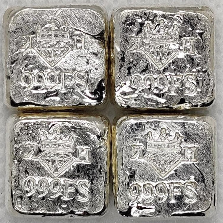 Reverse of Kannibal Crest Pieces Fractional Set V.1, four .999 fine silver pieces showing crowned diamond KH maker’s marks and purity stamps