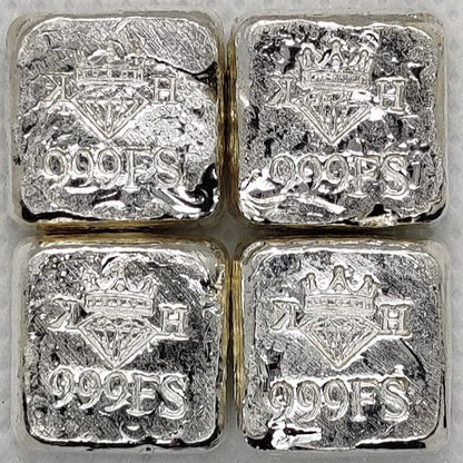 Reverse of Kannibal Crest Pieces Fractional Set V.1, four .999 fine silver pieces showing crowned diamond KH maker’s marks and purity stamps