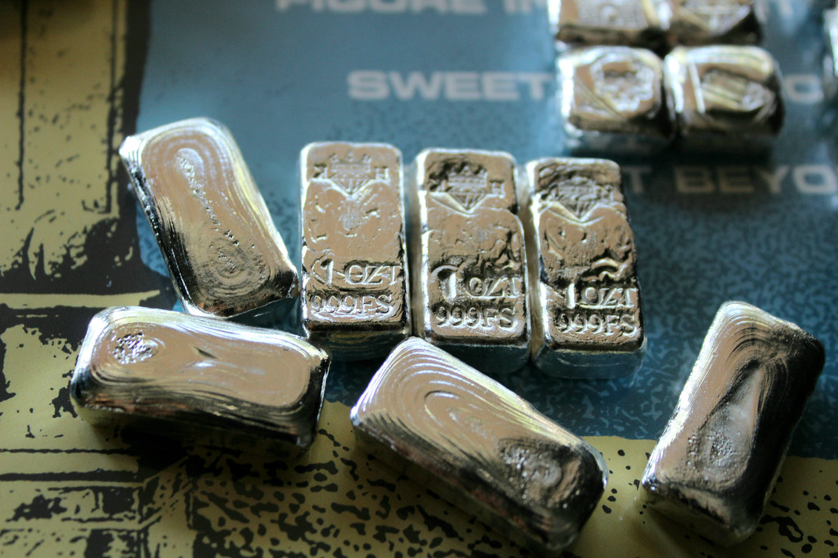 Group of Kannibal Hektor Basic Bars, hand-poured 1 oz .999 fine silver bars with crowned diamond KH maker’s mark