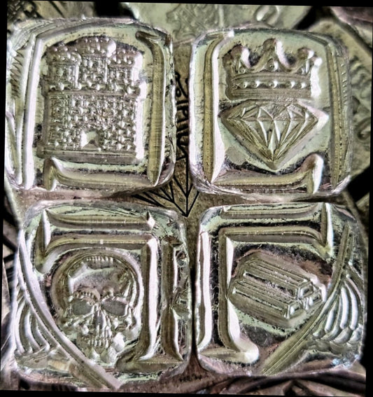 Kannibal Crest Pieces Fractional Set V.2 in .999 fine silver, showing castle, crowned diamond, skull, and bullion bar designs