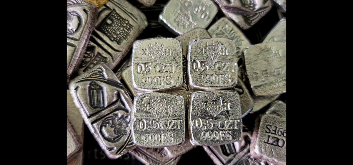 Reverse of Kannibal Crest Pieces Fractional Set V.2, four 0.5 oz .999 fine silver pieces showing crowned diamond KH maker’s mark and weight stamps