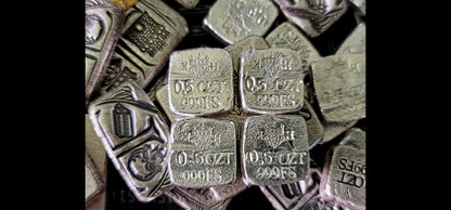 Reverse of Kannibal Crest Pieces Fractional Set V.2, four 0.5 oz .999 fine silver pieces showing crowned diamond KH maker’s mark and weight stamps
